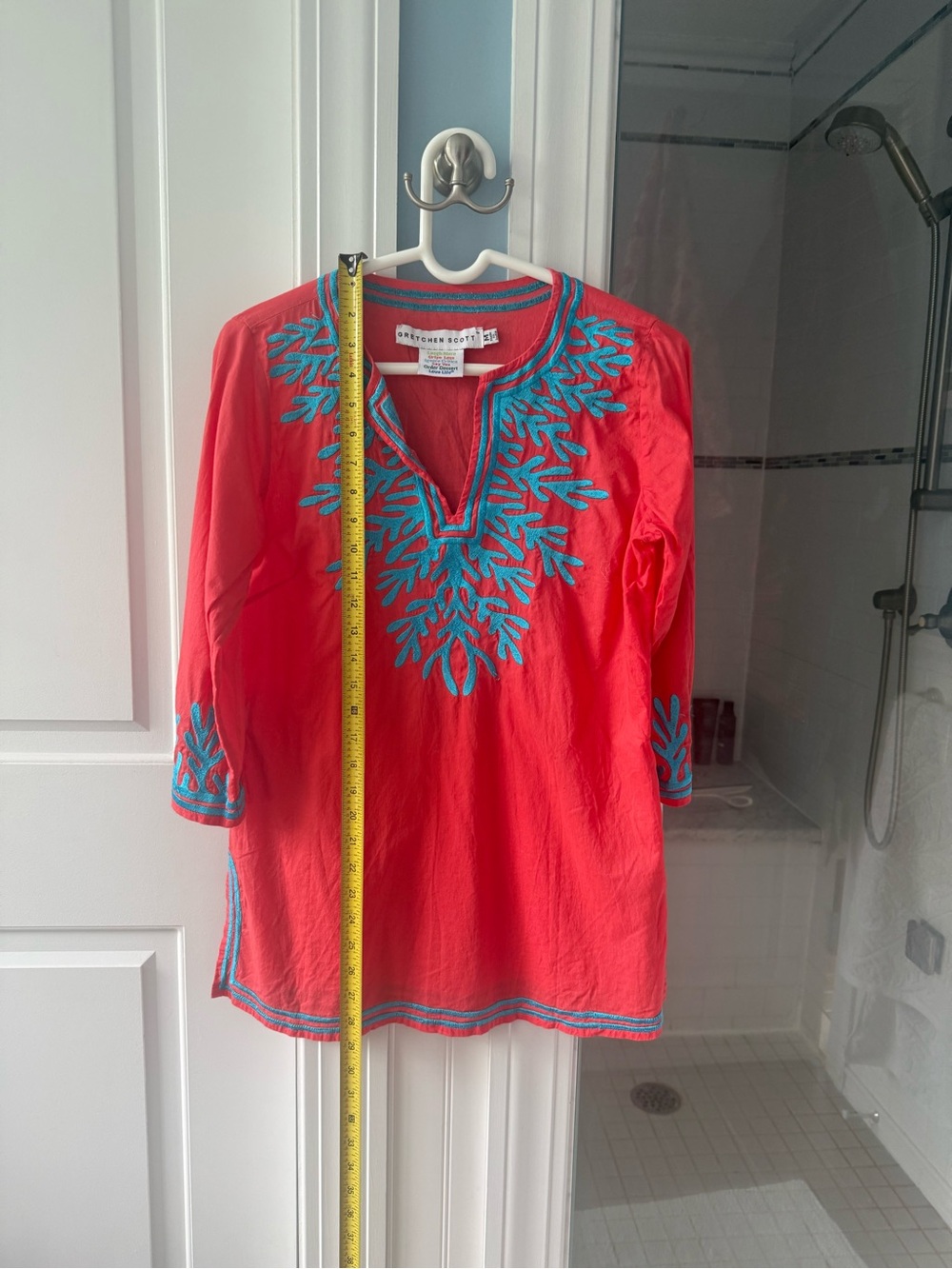 Gretchen Scott Coral Tunic with Turquoise Embroidery Accents - Ladies Medium - Picture 6 of 7
